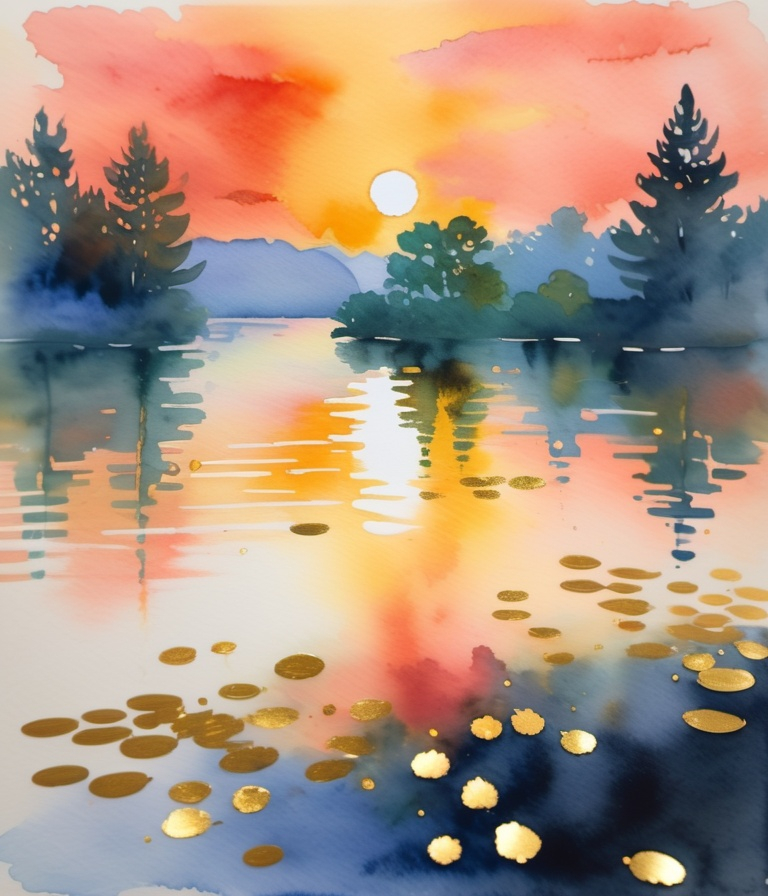 Prompt: gold leaf sunrise, watercolor blur monet
