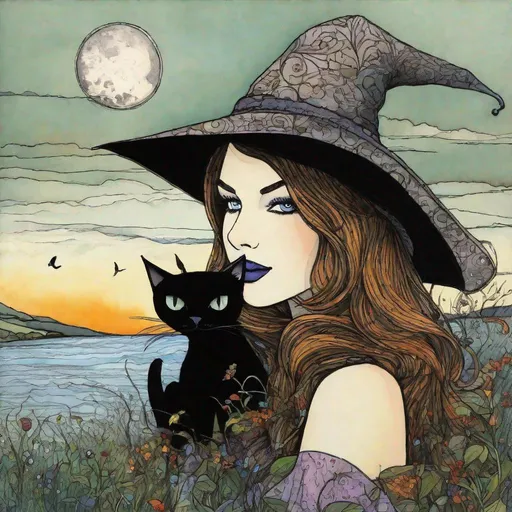 Prompt: A lovely witch with pretty face and beautiful eyes and her black cat art by Sam Toft, Deborah Azzopardi, Marc Allante, Axel Scheffler, Charles Robinson, pol Ledent, endre penovac, Gustave Loiseau. inlay, watercolors and ink, beautiful, fantastic view, extremely detailed, intricate, best quality, highest definition, rich colours. intricate beautiful, award winning fantastic view ultra detailed, 3D high definition