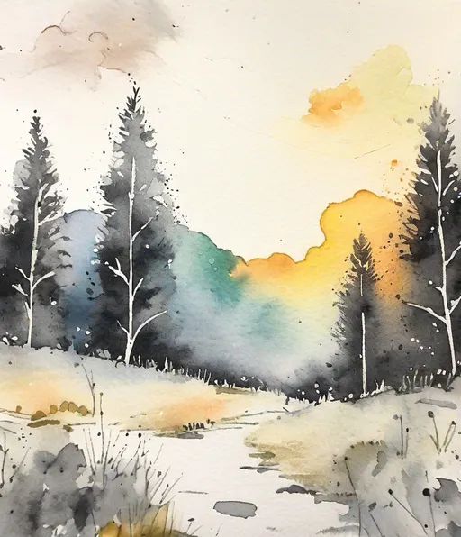 Prompt: simple line drawing with charcoal pencil and watercolor splotches, bifrost at dusk, nursery art, hopeful, lovely, delicate