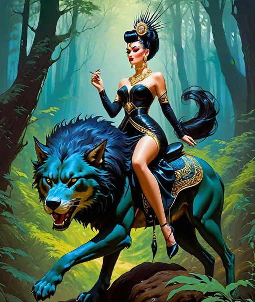 Prompt: Beautiful elf Sorceress riding a worg. Sartorial elegance. Glitz. Detailed hyperrealistic pulp illustration. Confidence. Swagger. Polished. Energy. Movement. Eyeliner. Mascara. Lipstick. Art by Gil Elvgren, Philippe Druillet, Frank Frazetta, Gustav Klimt. Frida Kahlo. Dark forest.