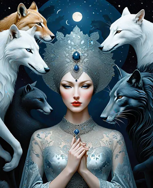 Prompt: She is a mysterious Lady of the moonlight night surrounded by night animals style of Bastien Lecouffe-Deharme, Hayv Kahraman, Erik Madigan Heck, Nicholas Hughes, Nicholas Hilliard, Daarken. 3/4 body portrait, Cold Chrome colors tone, Extremely detailed, intricate, beautiful, 3d, high definition