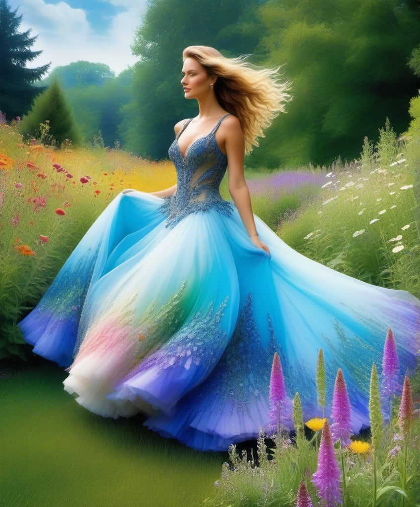 Prompt: photonegative refractograph splashed colorful watercolor borders at the edges of the photo, Allegorical photo of unique person wearing haute couture, dynamic pose in a conversation with the natural surroundings, gossamer thistledown wildflowers inspired garden background ornate extravagance lavish shapes rich colors 