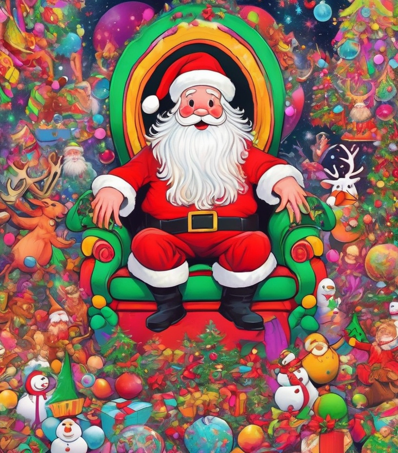 Prompt: Santa has become the ruler of the new world and the whole galaxy. Everything is Christmas. He has an army of elves, reindeers and snowman. Nobody can stop him. The Christmas spirit has taken over everything. The picture is magical, cheerful, maximalist and psychedelic.