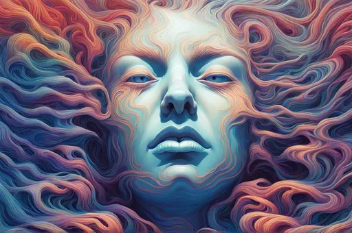 Prompt: a digital screen print painting of sinusoidal patterns possessing intelligence, psychedelic artwork, caustic, visionary, wide perspective, digital airbrushing, detailed facial features, vibrant color gradients, schizowave, ultra detailed 