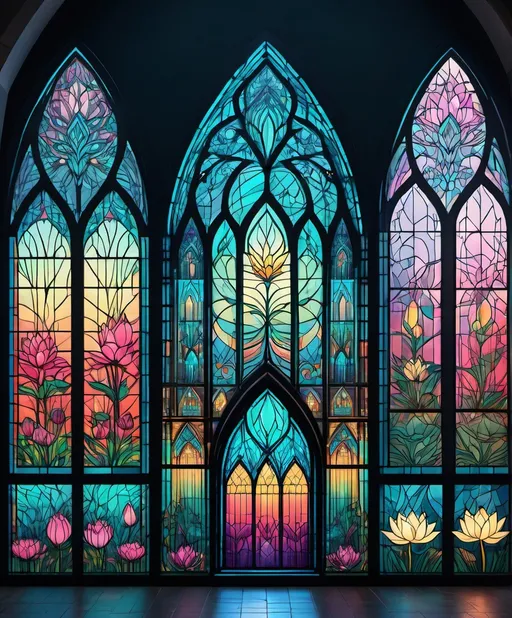 Prompt: whimsical building in city  art style a wireframe hologram of stained glass windows, triptych, lotus flowers 