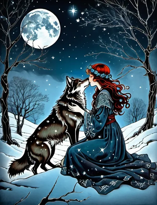 Prompt: the wolf of winter and the patchwork girl, a patchwork girl embracing the wolf, constellations, quiet and sad, Fantasy art by arthur rackham, by virginia frances sterrett, intricate detail, moonlight, color infrared photography, trending on artstation, stars, by gustav klimt, 16k, barbed wire constellations 