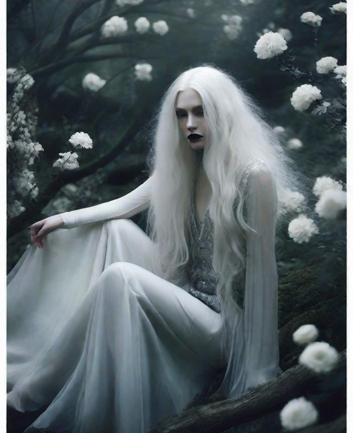 Prompt: 3/4 portrait, Eerie beautiful diaphanous forest mage, floating long platinum white hair, porcelain skin, beautiful eyes, black lipstick, ethereal silver shimmering clothes, surrounded by ghostly beautiful flowers forest illuminated by a night rim lighting through the trees, foggy art by Monia Merlo, Sarah moon, Agnieszka Lorek, John Larriva, William Oxer, Nickolas Muray, Inna Mosina, Angus McBean, elsa Bleda, Elger Esser. Ethereal foggy background, chiaroscuro lighting, Mixed media, 3d, extremely detailed, intricate, high definition