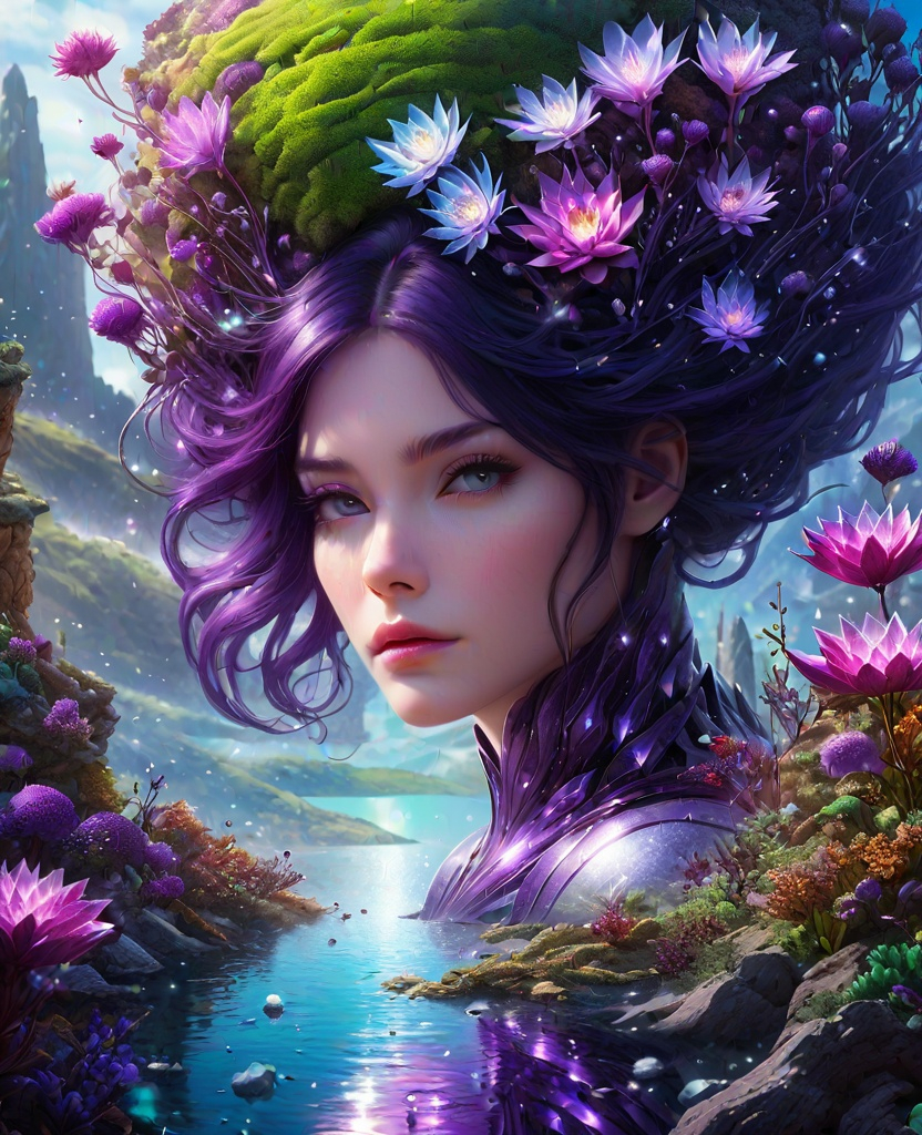 Prompt: on a far off planet in the andromeda galaxy, a young, voluminous star seed woman with dark purple hair is in her mysterious gantry garden. There is a lake of melted crystals flowing behind her as she tends to the other worldly flowers and plants that bloom. Hyper realistic. Different views