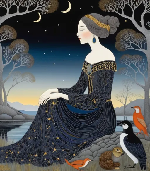 Prompt: She is a night girl with night animals style of Genevieve Godbout, Morris Hirshfield, Robert Gillmor, Amy Giacomelli. Extremely detailed, intricate, beautiful, 3d, high definition 