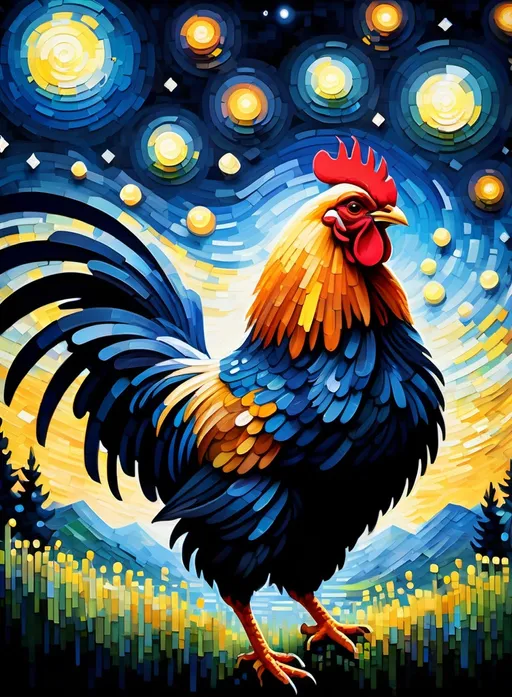 Prompt: Transport yourself to the world of pixelated impressionism, where metaphorical chickens, painted with vibrant strokes, create a lively rendition of "Starry Night," their wings forming swirling patterns that mimic the night sky, masterpiece, unreal graphics, strong shadow effect, chiaroscuro, beautiful lighting, 32k 