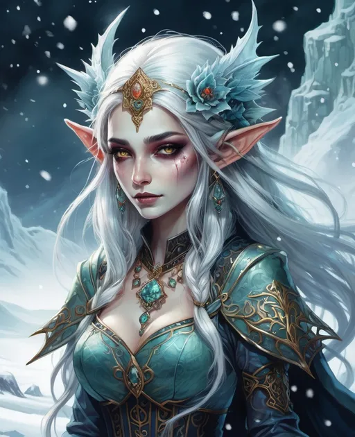 Prompt: a divine godess elf necromancer from the void, jewelry, earrings, evil, with a horde of zombies in tundra, haze, snow storm, comic style by stephanie law 