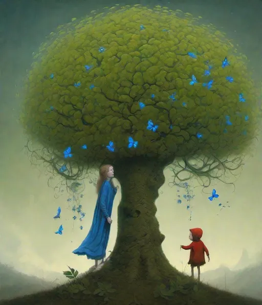 Prompt: anthropomorphic, tall green tree with blue flowers, good tree with friendly face, carrying the lonely pretty brave girl, wild red hair, grey eyes in it branches concept art by igor morski , John Leech, Arnold Lobel, John Kenn Mortensen, Marjorie Miller, jean Baptiste monge, Kelly McKernan, whimsical forest, magical night, surreal dreamlike portrait, fantasy, imaginative, beautiful, colorful, extremely detailed, intricate, lovely, award winning fantastic