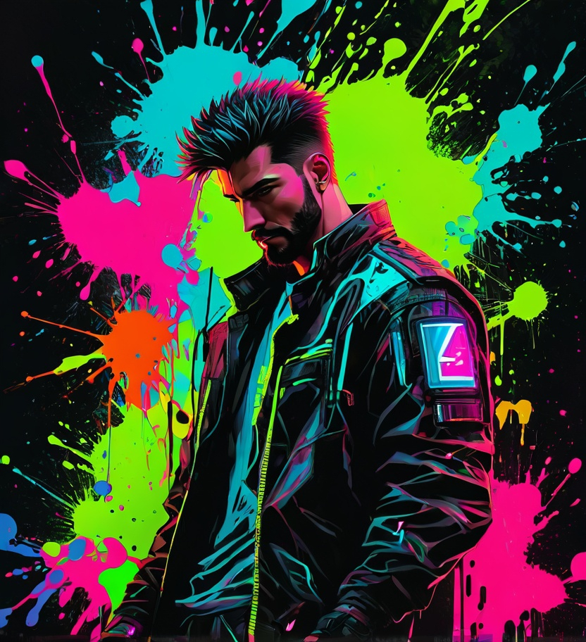 Prompt: abstract paint, neon splatter, handsome man, cyberpunk