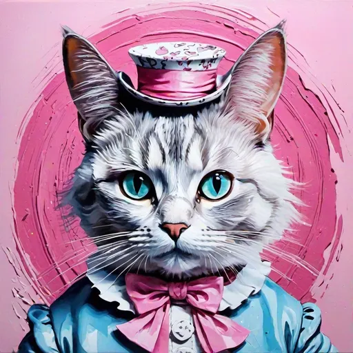 Prompt: Alice in wonderland cat themed painted portrait by Dali Salvador in Oil, pink gradient sketch lines, decoupage, impasto 