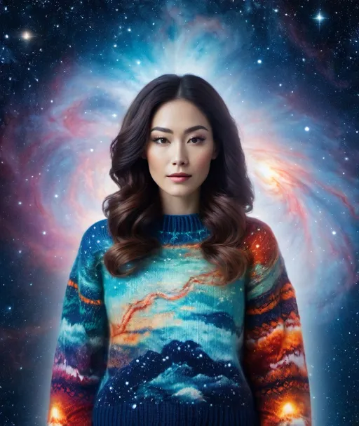 Prompt: She is a celestial demiurge knitting circle knitting into existence Jupiter's atmosphere made of knitted ugly sweater, macro Hubble photography double-exposure 
