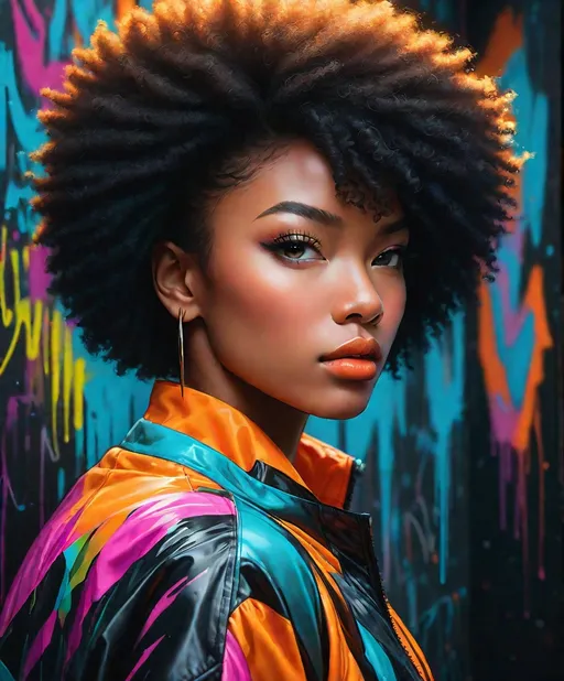 Prompt: A striking portrait in which the subject's blasian face is sharply in focus, set against a backdrop of dark wall filled with vivid colorful graffiti. The depth of field is exceptionally thin, highlighting the crisp details of the face while the rest of the figure gradually blurs and merges into the shadowy background. The person's eyes are a captivating feature, glowing smoothly with a luminous yellow-orange hue, creating a stark contrast against the dark surroundings. The entire scene is illuminated by a dark turquoise ambient light that subtly accentuates the facial features, enhancing the depth and texture. This lighting is moody, surreal atmosphere. The overall effect is one of emerging from or being partially submerged in a dark, immersive environment, with a focus on the interplay of the defraction and refraction of light, shadow, and color, full body view, afrofuturistic