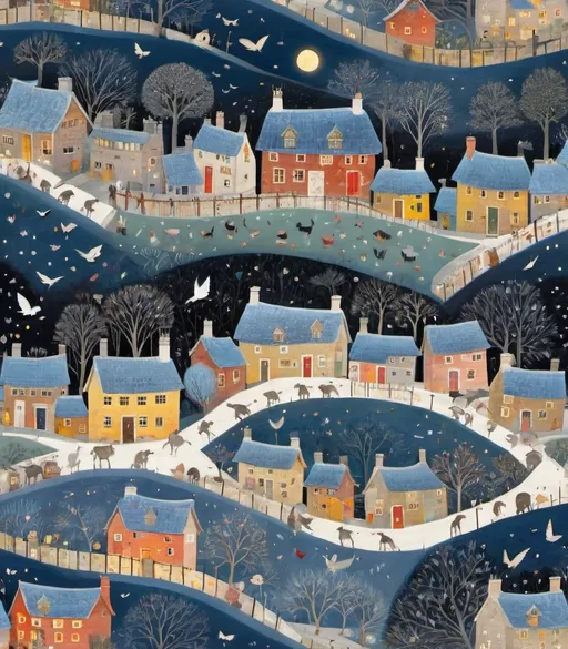Prompt: The beautiful village with night animals style of Lucy Grossmith, Amy Giacomelli, Wu Guanzhong. Extremely detailed, intricate, beautiful, 3d, high definition 
