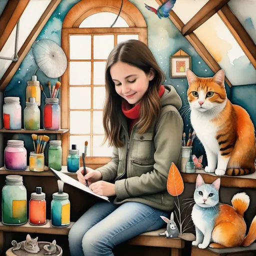 Prompt: In a cozy corner of her quaint attic studio, a very cute girl finds solace amidst her solitude, surrounded by a whimsical menagerie of imaginary pet friends. With brushes in hand, she breathes life into her creations, blending watercolors, patinas, acrylics and encaustic paint to capture their vibrant personalities. Use style of Dina Wakley, Liniers, Gabriel Pacheco, catrin welz-stein.