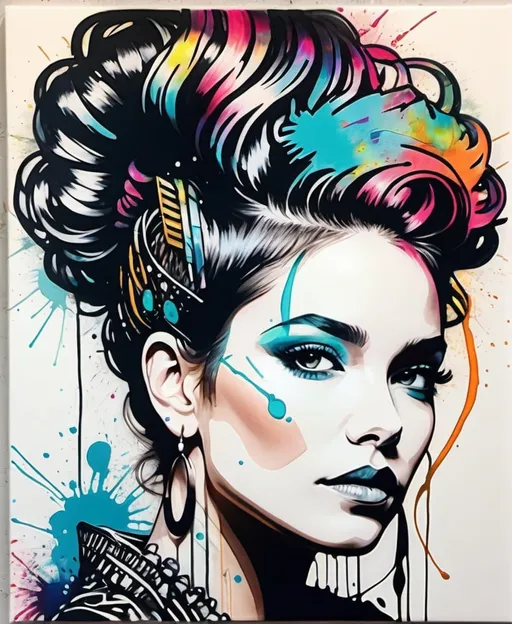 Prompt: black inking outline with luminous coloring, drawing encaustic textured surface, vibrant, colorful artwork of a woman with an elaborate, abstract hairdo and striking makeup, Carne Griffiths, Beatriz Milhazes, Android Jones, decoupage, impasto, lyco art, punk art, a pop art painting.