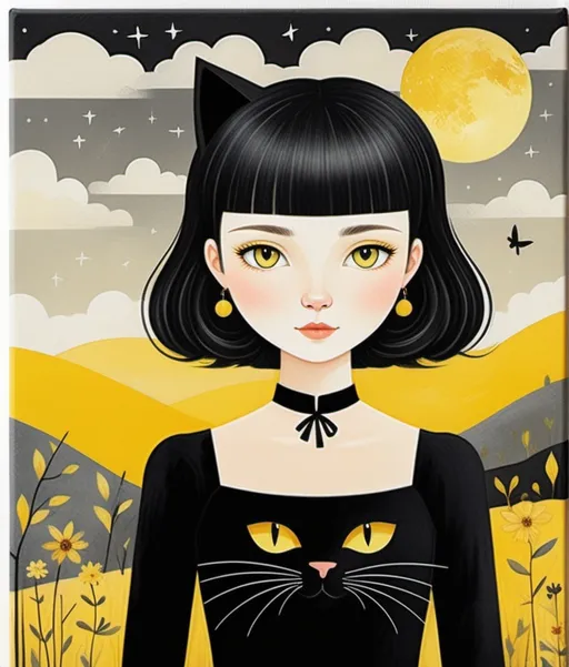 Prompt: Ghastly girlie wonder, wearing a floating Black dress, holding a beautiful yellow cat, Lim Heng Swee, Mindy Sommers, Marc Johns, Mary Engelbreit, dreamy landscape background, piercing odd colored eyes, encaustic texture.