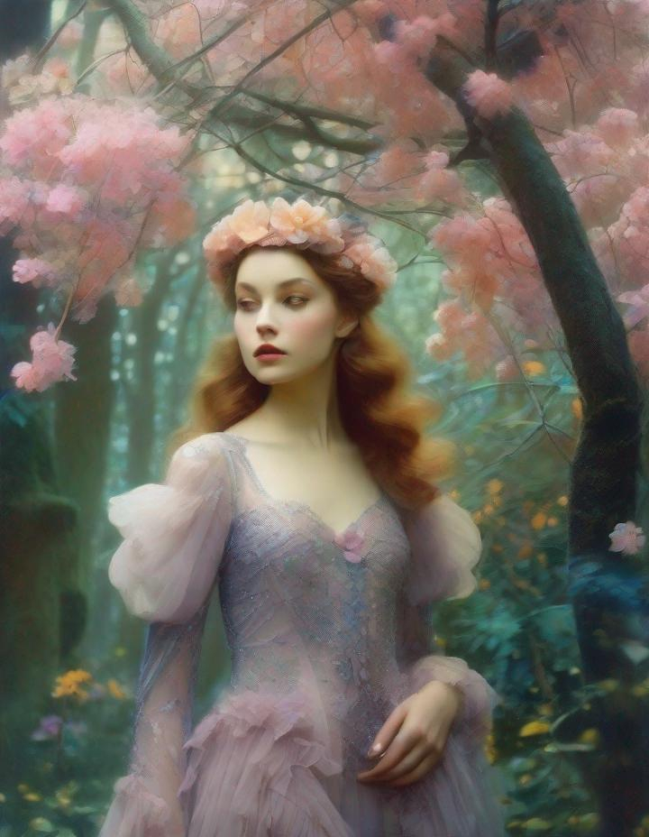 Prompt: Lovely pretty beautiful young lady, beautiful face, in a magical whimsical fashion forest in bloom art art by  Edward Steichen, Yves Saint-Laurent, Yulia Brodskaya, Edward Julius Detmold, Paolo Roversi, Thomas Edwin Mostyn, Hiro isono, James Wilson Morrice, Axel Scheffler, Gerhard Richter, pol Ledent, Robert Ryman. Guache Impasto and volumetric lighting. Mixed media, elegant, intricate, beautiful, award winning, fantastic view, 4K 3D, high definition, hdr, focused, iridescent watercolor and ink