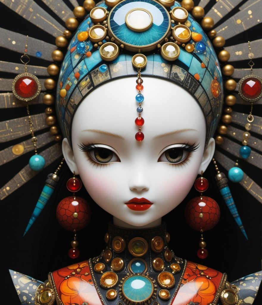 Prompt: the perfect *heliocentric* femmebot luxury doll mixing art styles from Jamie Hewlett: Nicoletta Ceccoli: Jasmine Becket Griffith: Junji Ito: Rumiko Takahashi: Takashi Murakami: Yoji Shinkawa: Basquiat: Arthur Rackham: 21st century blockprint collage archetype of cybernetic fractalized gemstone encrusted materials textures, cinematic pov 