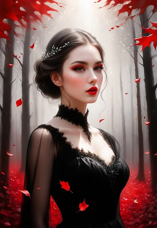 Prompt: A beautiful young lady, beautiful face, wearing black dress, a ghostly forest of white trees with red leaves background, god rays through the tees, rim lighting, foggy bleak mood art by Rebeca Saray, Michael Creese, Frank Cadogan Cowper, Yves Saint-Laurent, Thomas Edwin Mostyn, Hiro isono, James Wilson Morrice, Axel Scheffler, Gerhard Richter, pol Ledent, Robert Ryman. Guache Impasto and volumetric lighting. Mixed media, elegant, intricate, beautiful, award winning, fantastic view, 4K 3D, high definition, hdr, focused, 