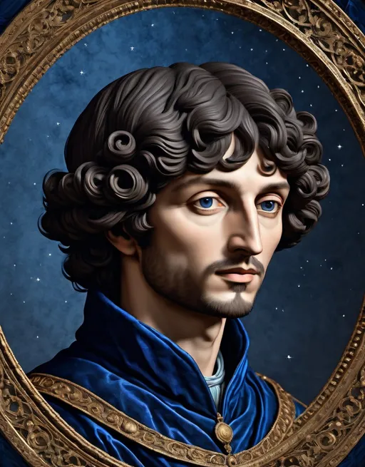 Prompt: indigo Nicolaus Copernicus Renaissance, 3d, extremely detailed, intricate, cinematic lighting, 