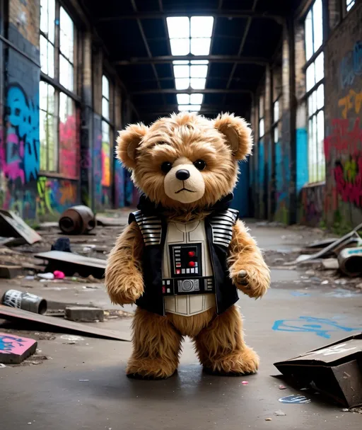 Prompt: a cute but angry teddy bear, dressed up in a star wars costume, in a old factory covered with graffiti