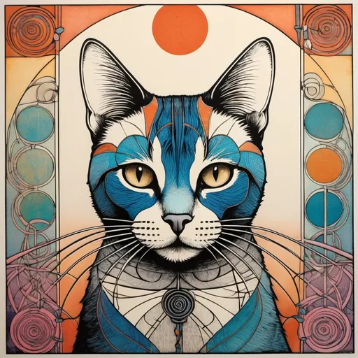 Prompt: Lithography print, intricate fine lines, gradient crossed colors, a whimsical beautiful cat, piercing odd colored eyes, Javier Mariscal, Charles Rennie Mackintosh and Marc Johns style, encaustic texture.