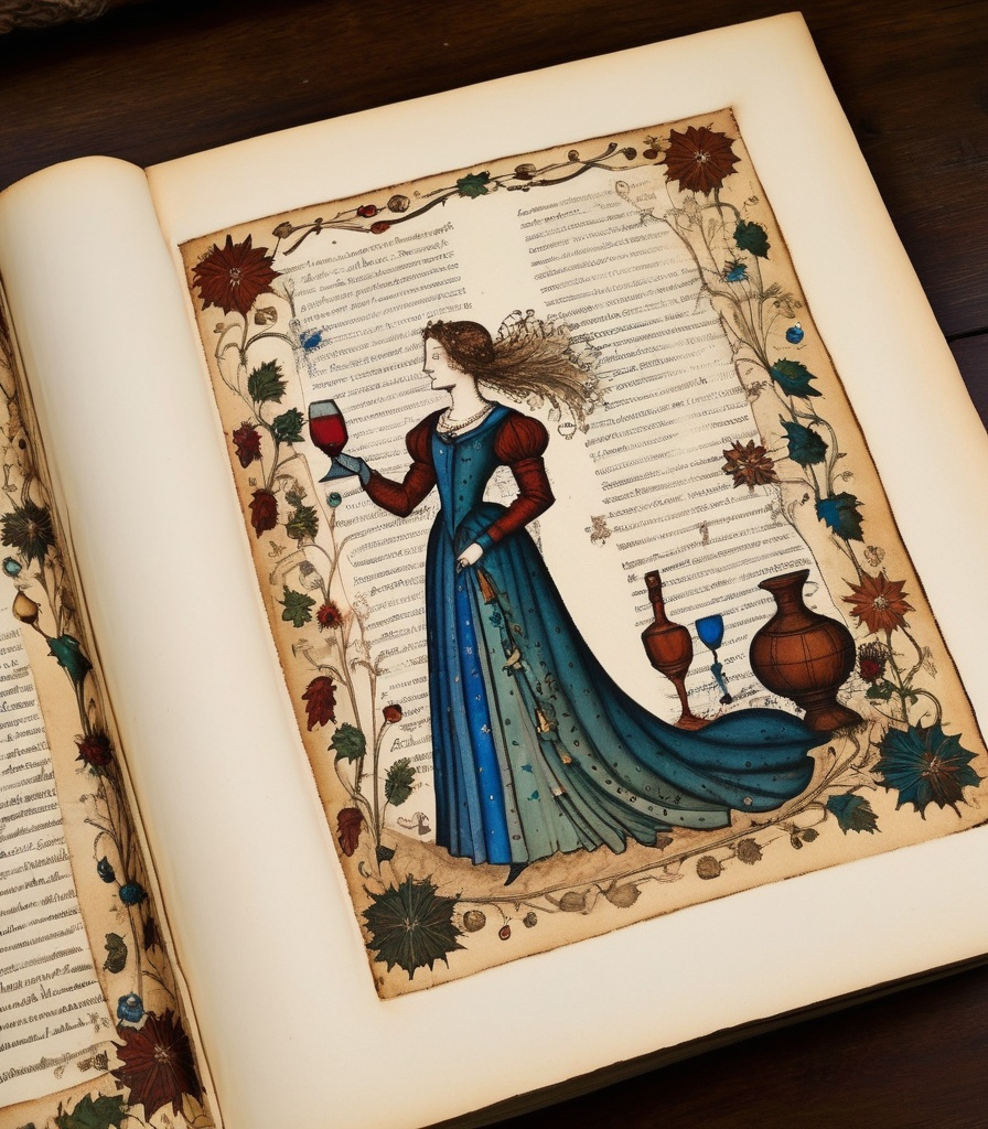 Prompt: pyrograhic voynich colored book print,marginalia lady and wine,medieval grunge 