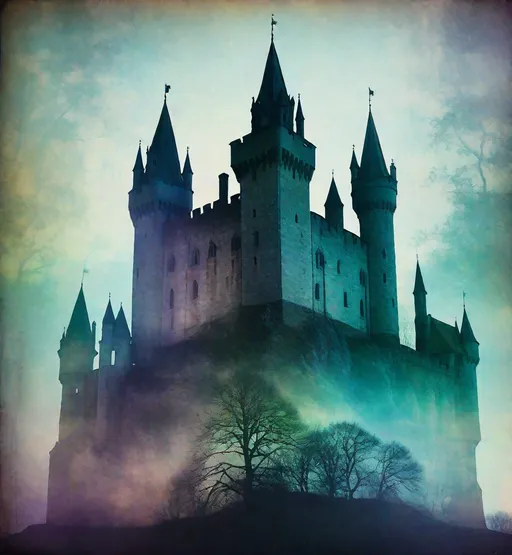 Prompt: An ethereal double exposure of a medieval grunge castle, blending with the spectral silhouette of a ghostly figure, 