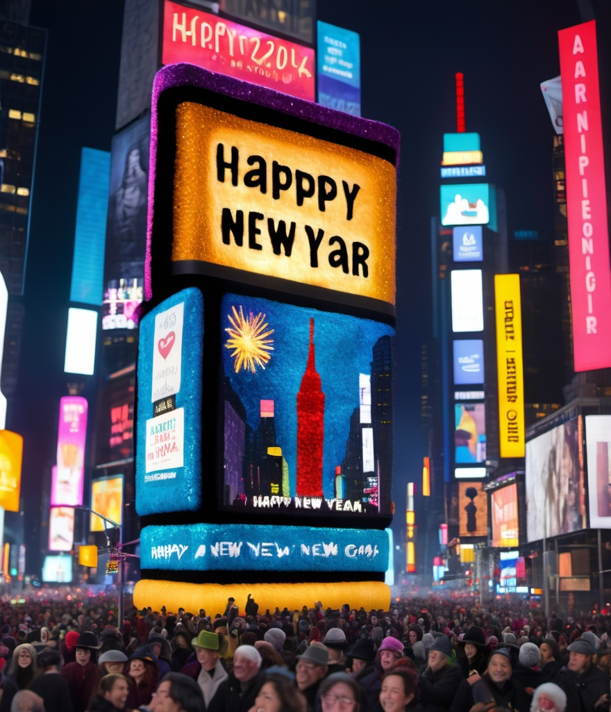 Prompt: needle felted time square midnight crowds for tower a dropping glittercore ball, felted backlit led billboard reads "Happy New Year" another billboard "2024!"