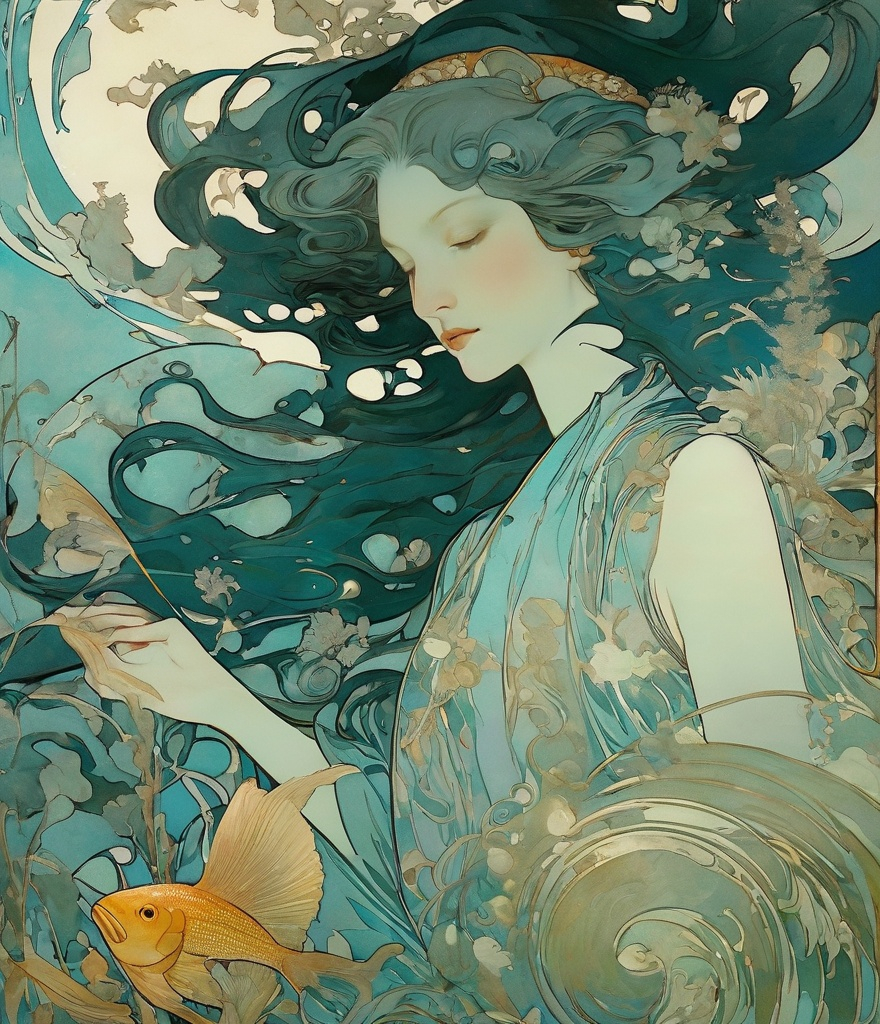 Prompt: sea siren, beauty, sinister slyph, goddess mode, kelp, shells, ferrotype, james jean, alphonse mucha