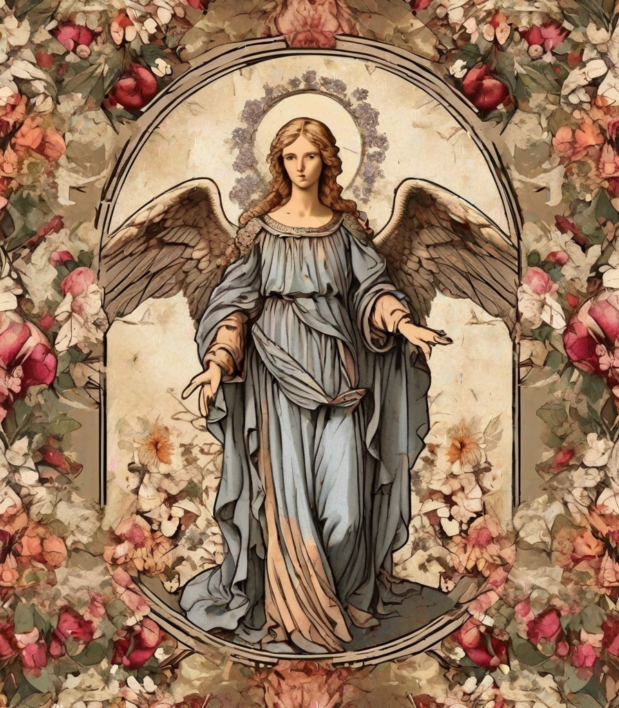 Prompt: wonderful archangel with beautiful flowers fruits and wings medieval grunge 