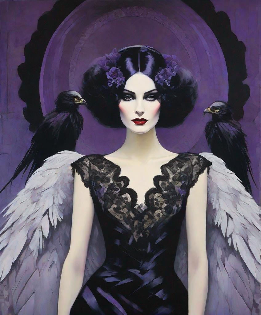 Prompt: Use style of Kees van Dongen, Mark Knight, Omar Galliani, Maciej Kuciara, Sue Reno: Dim lighting, Gloomy atmosphere, Gothic pale woman with dark silver hair and violet eyes, surrounded by a circular formation of nine realistic, solemn big eagles with detailed feathers. The woman is centered and wears a long lace black dress with a high neck and long sleeves. Her attire includes an intricate golden embroidery with an elaborate design. The background is a smooth, dark gradient with subtle golden elements that echo the top arch of a halo or ornate frame.