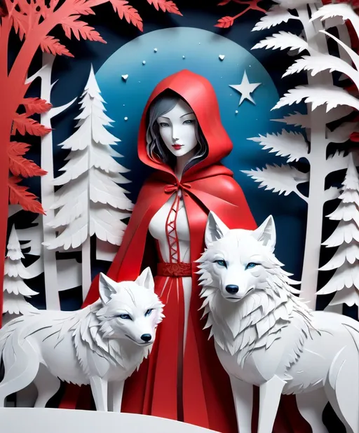 Prompt: Little Red Riding Hood is in love with the Big white Winter wolf. paper cutout, washi paper, cardboard relief, detailed, fern leaves, Snow, by artgerm, Megan duncanson, James Jean, shaun tan, madoka magica, by kay nielsen, embossing fairy tale, whimsical, trending on artstation. Super clear resolution, elegant beautiful, lovely, best quality, beautifully lit, vray tracing, gradient chrome Blue