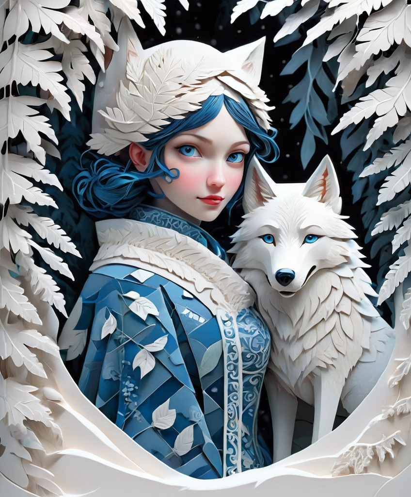 Prompt: the patchwork girl and the Big Winter wolf. paper cutout, washi paper, cardboard relief, detailed, fern leaves, Snow, by artgerm, Megan duncanson, James Jean, shaun tan, gekidan inu curry, madoka magica, by kay nielsen, embossing fairy tale, whimsical, trending on artstation. Super clear resolution, elegant beautiful, lovely, best quality, beautifully lit, vray tracing, gradient chrome Blue