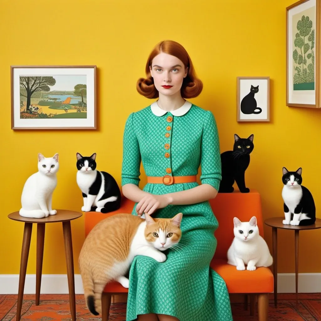 Prompt: The very pretty girl, She likes cats a lot, an unreasonable amount of cats, vivid thick colors, Olimpia Zagnoli, Orla Kiely, Simen Johan, Alisa Burke, Anna Silivonchik, Norman McLaren