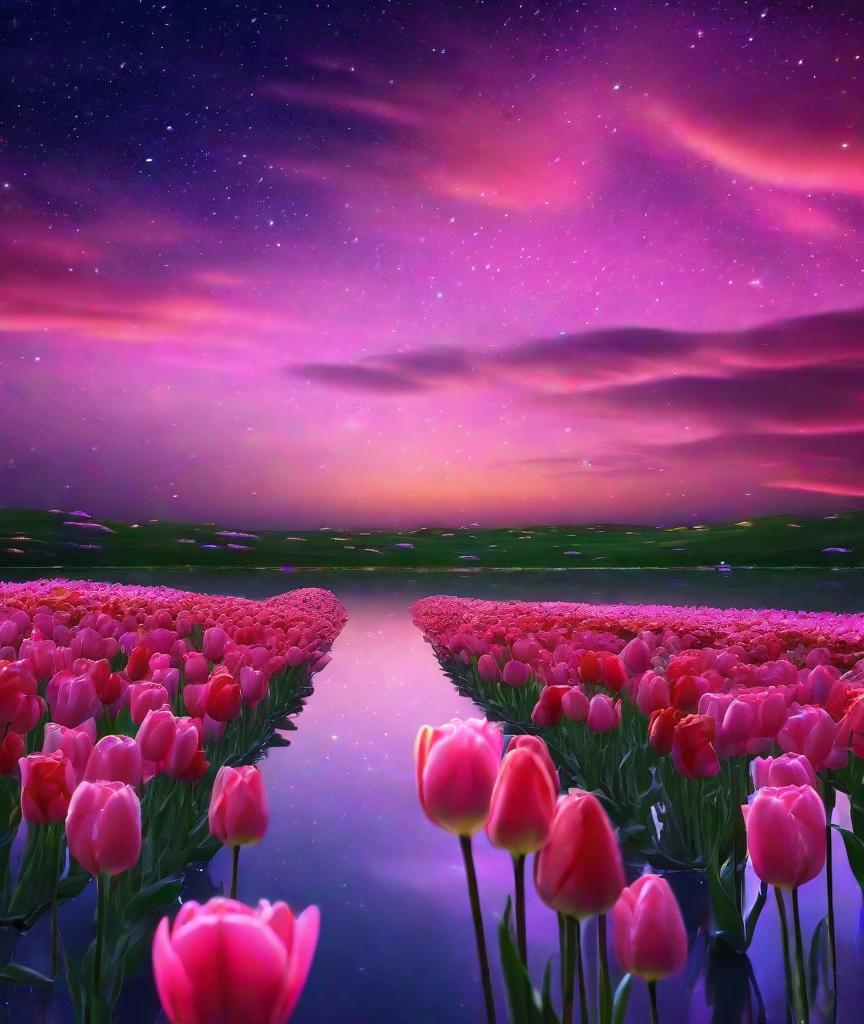 Prompt: The beautiful night sky panorama shines brightly. The boundless, colorful and luminous sea of tulips glows on the horizon, with lighting effects creating a soft and smooth magical particle, dreamy, ultra-clear, 4K, romantic, fairy-tale atmosphere. Pink roses floating on the water surface, starlight, aurora, art website trends, HD - v4, luminous. 