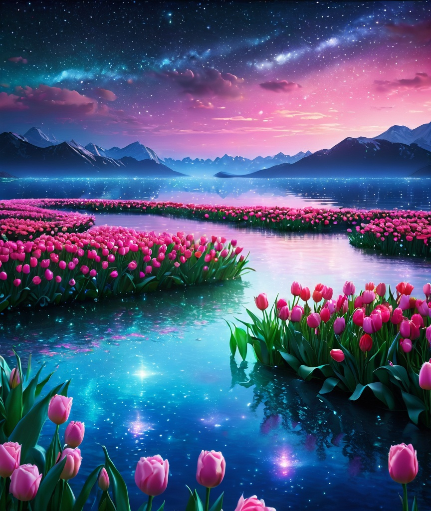 Prompt: The beautiful night sky panorama shines brightly. The boundless, colorful and luminous sea of tulips glows on the horizon, with lighting effects creating a soft and smooth magical particle, dreamy, ultra-clear, 4K, romantic, fairy-tale atmosphere. Pink roses floating on the water surface, starlight, aurora, art website trends, HD - v4, luminous. 