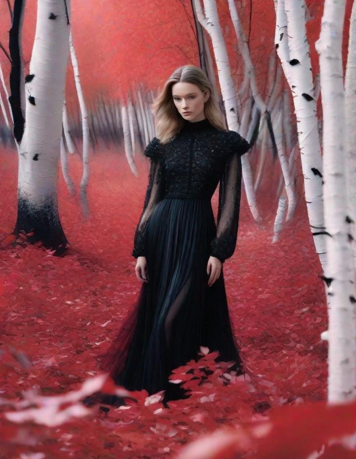 Prompt: A beautiful young lady, beautiful face, wearing opalescent black dress in a ghostly forest of white stem trees with red leaves, god rays through the tees, rim lighting, art by Mariano Vivanco,  Yves Saint-Laurent, Paolo Roversi, Thomas Edwin Mostyn, Hiro isono, James Wilson Morrice, Axel Scheffler, Gerhard Richter, pol Ledent, Robert Ryman. Guache Impasto and volumetric lighting. 3/4 portrait, Mixed media, elegant, intricate, beautiful, award winning, fantastic view, 4K 3D, high definition, hdr, focused, iridescent watercolor and ink