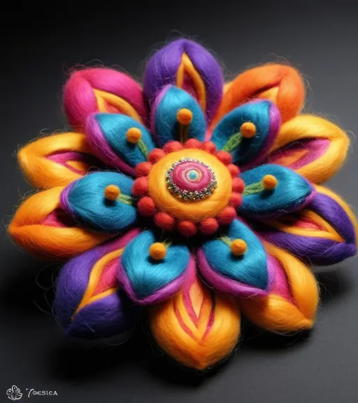 Prompt: Needle felted creation, exhibiting a stellar flower design, vibrant and imaginative, beyond ordinary floral concepts::7 Explosion of colors, vivid and diverse, each petal showcasing a unique and radiant hue::2 Stellar-inspired elements, such as twinkling star-like spots and galaxy swirl patterns on the petals, resembling opaltwinkle::6 Unearthly shapes and textures, combining aspects of celestial bodies and exotic terrestrial flora::5 Ethereal glow, as if the flower is illuminated from within, enhancing its otherworldly appearance::15 Set against a contrasting dark background, emphasizing the brightness and variety of its colors::7 Incorporating subtle hints of traditional floral designs, yet distinctly alien and innovative in its overall form