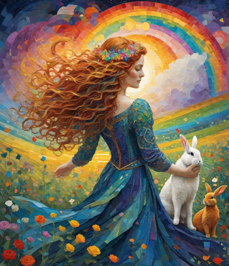 Prompt: Thick pallet impasto, snowy mosaic, cotton hair, Bifrost goddess playing with her bunnies across the rainbow bridge, In Norse mythology, Bifröst (/ˈbɪvrɒst/), also called Bilröst, is a burning rainbow bridge that reaches between Midgard (Earth) and Asgard, the realm of the gods, by Charis Tsevis, Gustav Klimt 