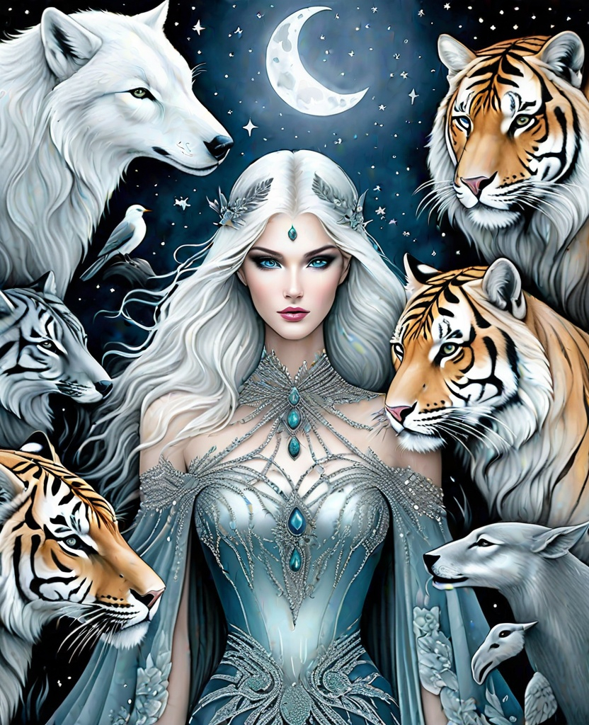 Prompt: She is a mysterious Lady of the moonlight night surrounded by animals style of Kathy Fornal, Daarken, Jessica Durrant, Sophie Delaporte. 3/4 body portrait, Cold Chrome colors tone, Extremely detailed, intricate, beautiful, 3d, high definition