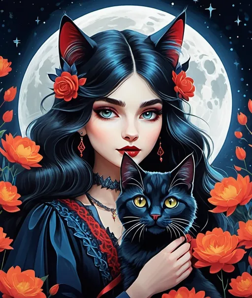 Prompt: moon catcher cat vampire illustrated children's book, in the style of bella kotak, fauvist-inspired, siya oum, floralpunk, charming character illustrations, myroslava sviridova, luminous reflections 
