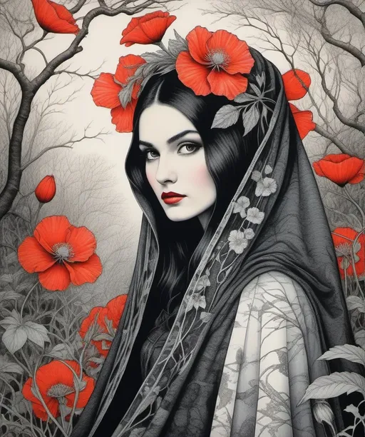 Prompt: Craquelure, tempera, Fine art etching: a very beautiful woman with a veil in her hair, Iren Horrors, Dan Hillier, Edward Gorey style, surrounded by tall branches of poppies, camellia, hibiscus, foliage, spider lily, spot coloring, tulip, with craquelure silver patina background, fantasy art, a detailed drawing decoupage, black, pink and white gradient coloring, a detailed drawing