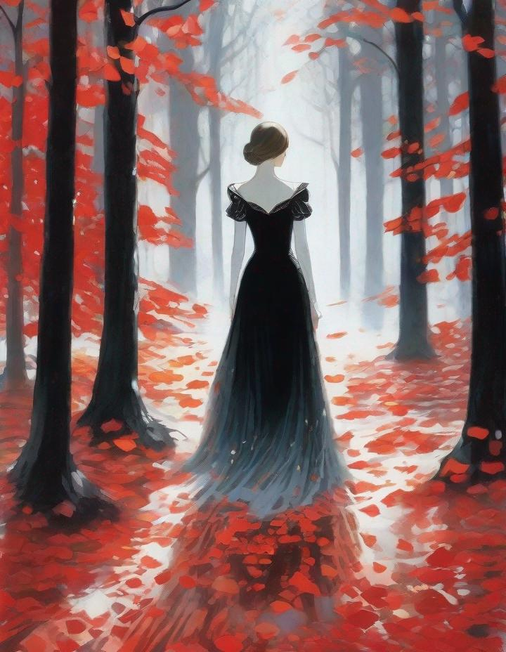 Prompt: A beautiful young lady, beautiful face, wearing opalescent black dress in a ghostly forest of white stem trees with red leaves, god rays through the tees, rim lighting, art by  Masaaki Sasamoto, Yves Saint-Laurent, Paolo Roversi, Thomas Edwin Mostyn, Hiro isono, James Wilson Morrice, Axel Scheffler, Gerhard Richter, pol Ledent, Robert Ryman. Guache Impasto and volumetric lighting. Mixed media, elegant, intricate, beautiful, award winning, fantastic view, 4K 3D, high definition, hdr, focused, iridescent watercolor and ink