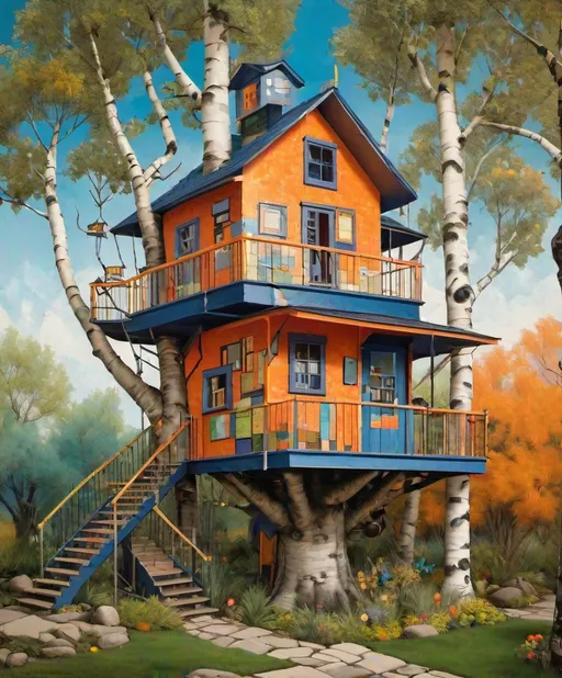 Prompt: Whimsical birch tree house by mark wright, in the style of assemblage of maps, american prints 1880–1950, colorful street murals, dissected books, large canvas sizes, light orange and indigo, human connections 