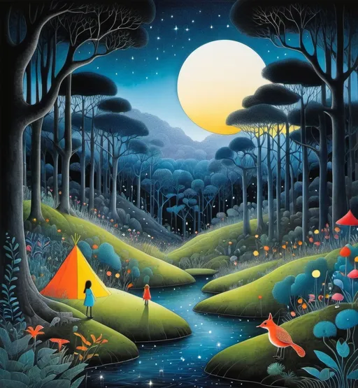 Prompt: The very Pretty girl and beautiful creatures at a magical night forest Illustration art by Michael Leunig, na dittmann, Kazumasa Nagai, Desmond Morris. 3d, Watercolor and ink, impasto, volumetric lighting, spectacular, intricate, beautiful, fantastic view, extremely detailed